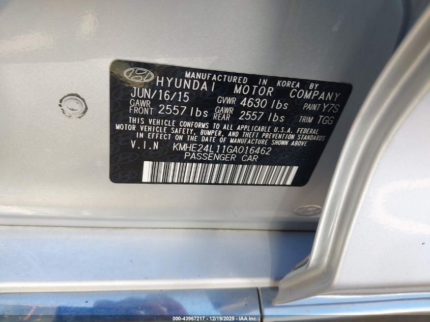2016 Hyundai Sonata Hybrid Se VIN: KMHE24L11GA016462 Lot: 43967217