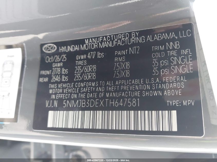 2026 Hyundai Tucson Sel VIN: 5NMJB3DEXTH647581 Lot: 43967220