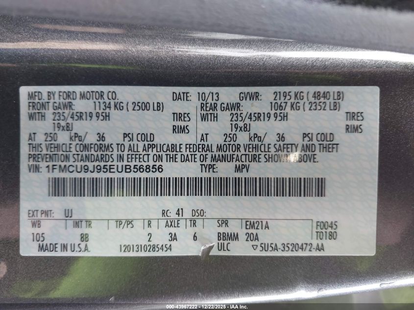 2014 Ford Escape Titanium VIN: 1FMCU9J95EUB56856 Lot: 43967222