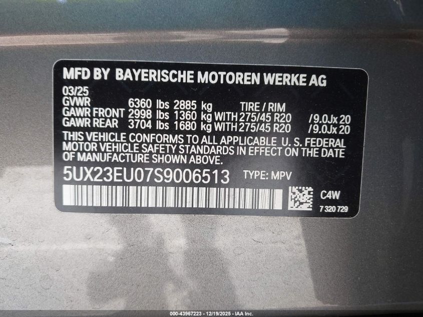 2025 BMW X5 xDrive40I VIN: 5UX23EU07S9006513 Lot: 43967223