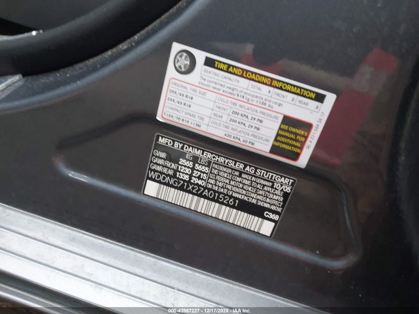 2007 Mercedes-Benz S 550 VIN: WDDNG71X27A015261 Lot: 43967227