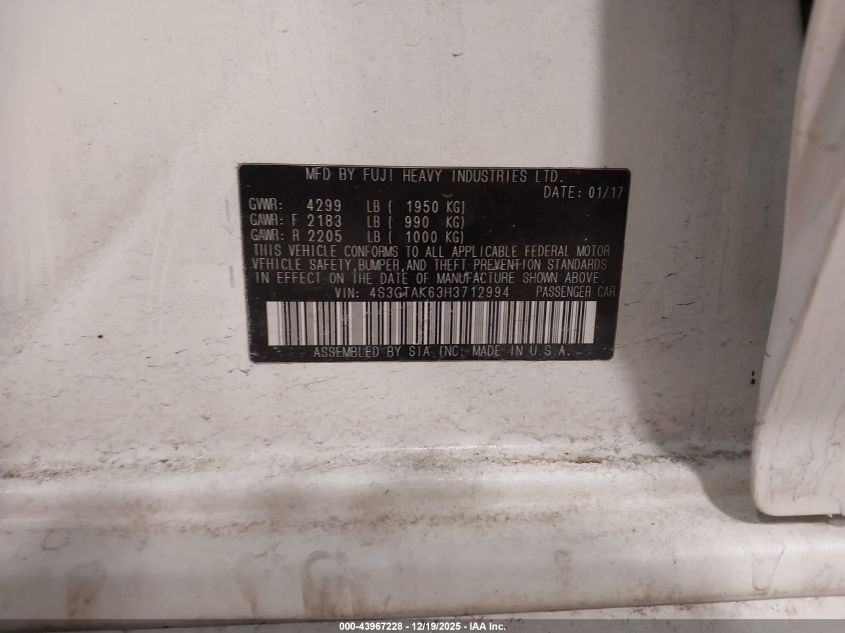 2017 Subaru Impreza 2.0I Sport VIN: 4S3GTAK63H3712994 Lot: 43967228