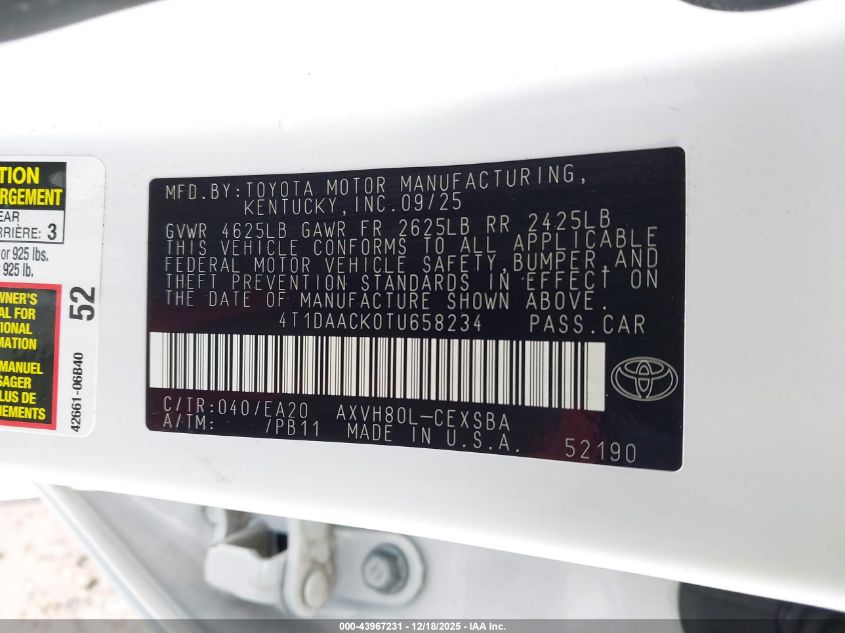 2026 Toyota Camry Se VIN: 4T1DAACK0TU658234 Lot: 43967231