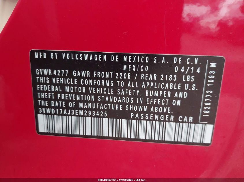 2014 Volkswagen Jetta 1.8T Se VIN: 3VWD17AJ3EM293425 Lot: 43967233