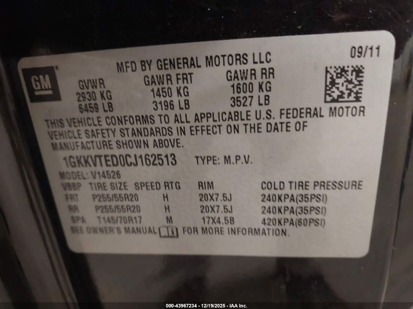 2012 GMC Acadia Denali VIN: 1GKKVTED0CJ162513 Lot: 43967234