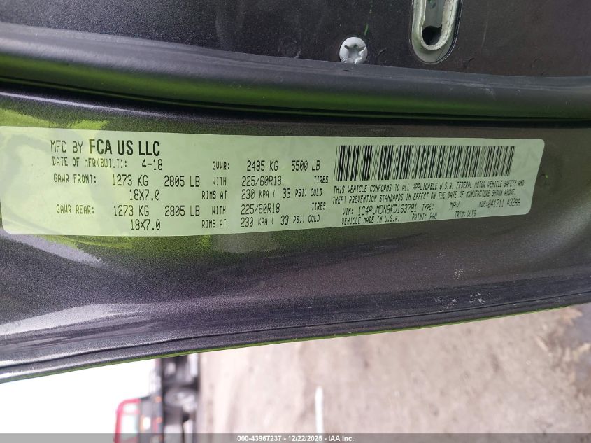 2019 Jeep Cherokee Limited 4X4 VIN: 1C4PJMDN8KD163791 Lot: 43967237