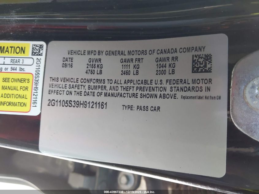 2017 Chevrolet Impala 1Lt VIN: 2G1105S39H9121161 Lot: 43967238