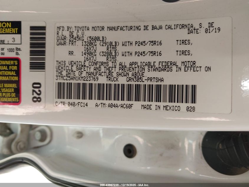 2019 Toyota Tacoma Sr5 V6 VIN: 3TMCZ5AN1KM223769 Lot: 43967239