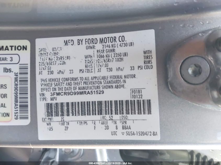 2021 Ford Bronco Sport Badlands VIN: 3FMCR9D99MRA51529 Lot: 43967241