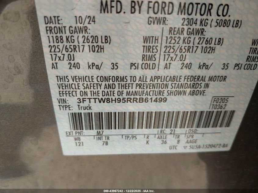 2024 Ford Maverick Xlt VIN: 3FTTW8H95RRB61499 Lot: 43967242