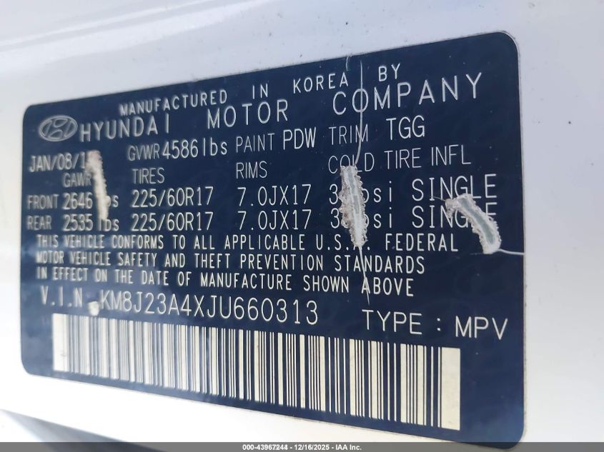 2018 Hyundai Tucson Se VIN: KM8J23A4XJU660313 Lot: 43967244