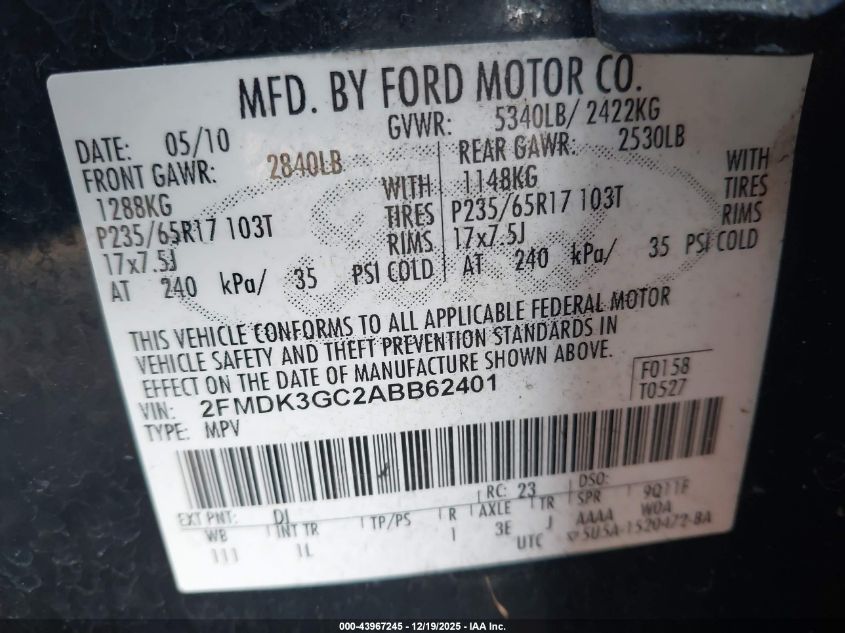 2010 Ford Edge Se VIN: 2FMDK3GC2ABB62401 Lot: 43967245