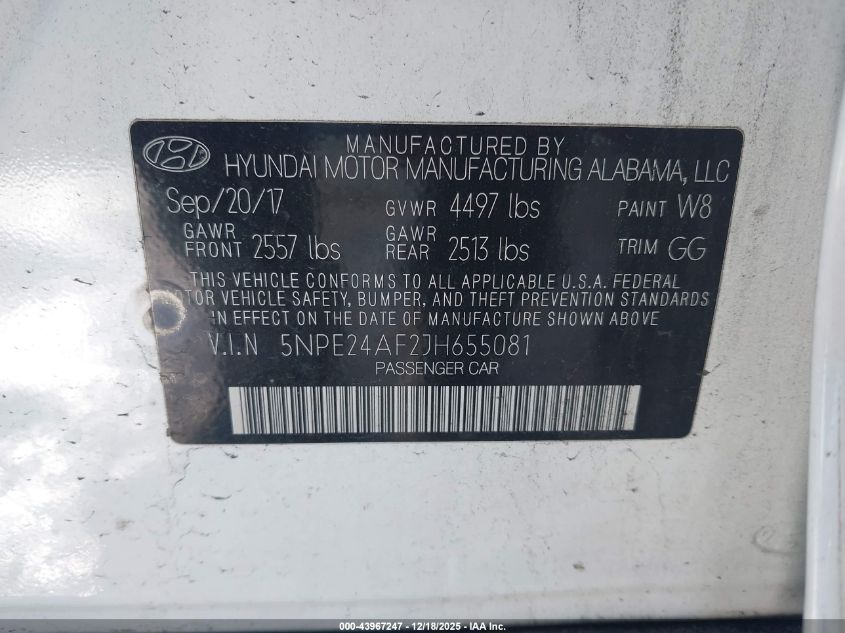 2018 Hyundai Sonata Se VIN: 5NPE24AF2JH655081 Lot: 43967247