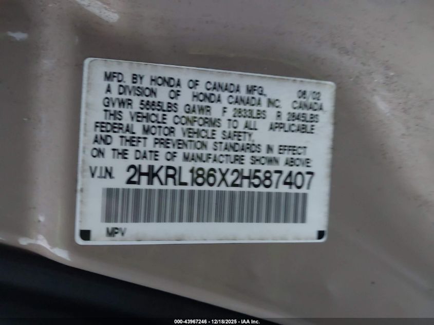 2002 Honda Odyssey Ex VIN: 2HKRL186X2H587407 Lot: 43967246