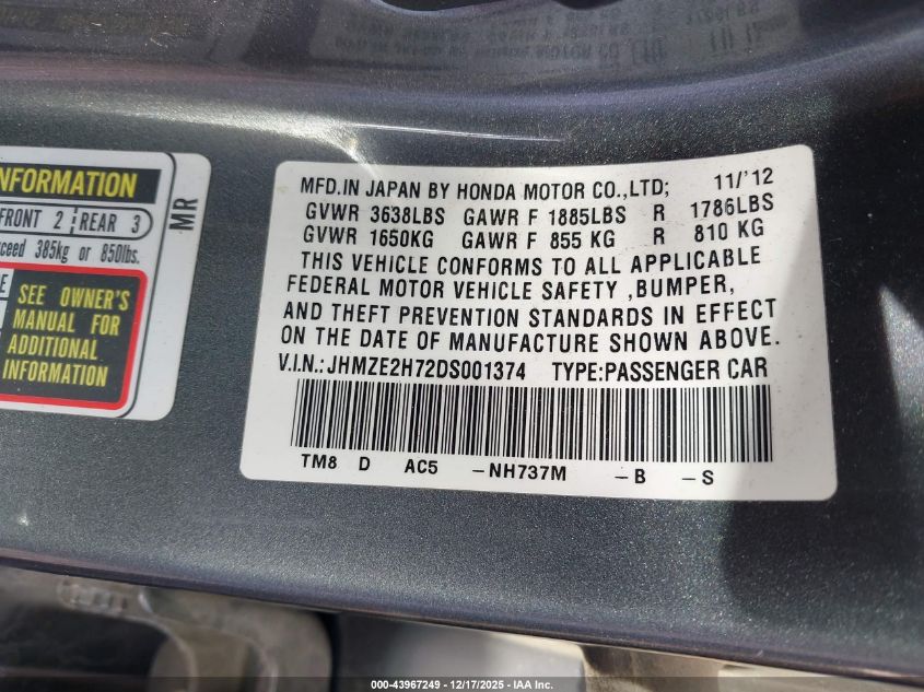 2013 Honda Insight Ex VIN: JHMZE2H72DS001374 Lot: 43967249