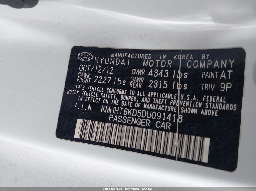 2013 Hyundai Genesis 2.0T VIN: KMHHT6KD5DU091418 Lot: 43967250