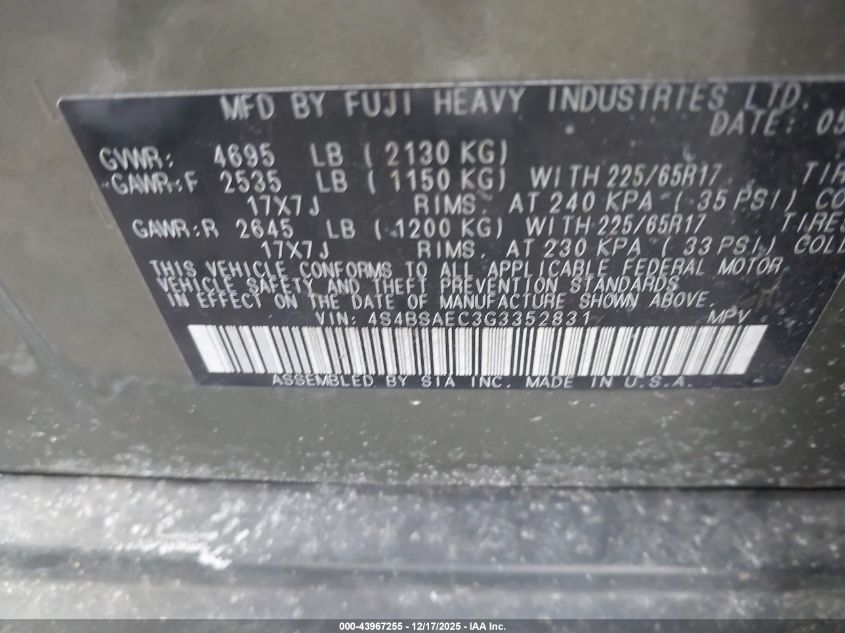 2016 Subaru Outback 2.5I Premium VIN: 4S4BSAEC3G3352831 Lot: 43967255