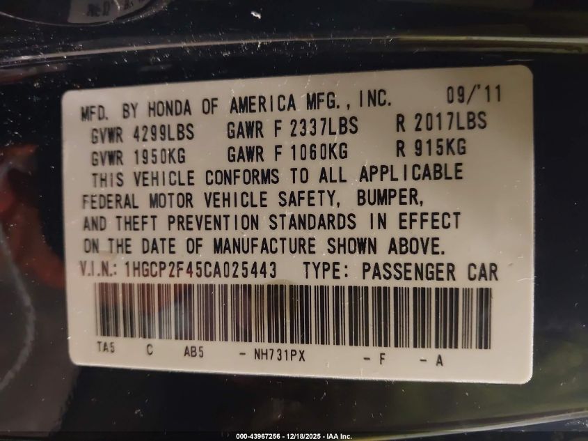 2012 Honda Accord 2.4 Lx-P VIN: 1HGCP2F45CA025443 Lot: 43967256