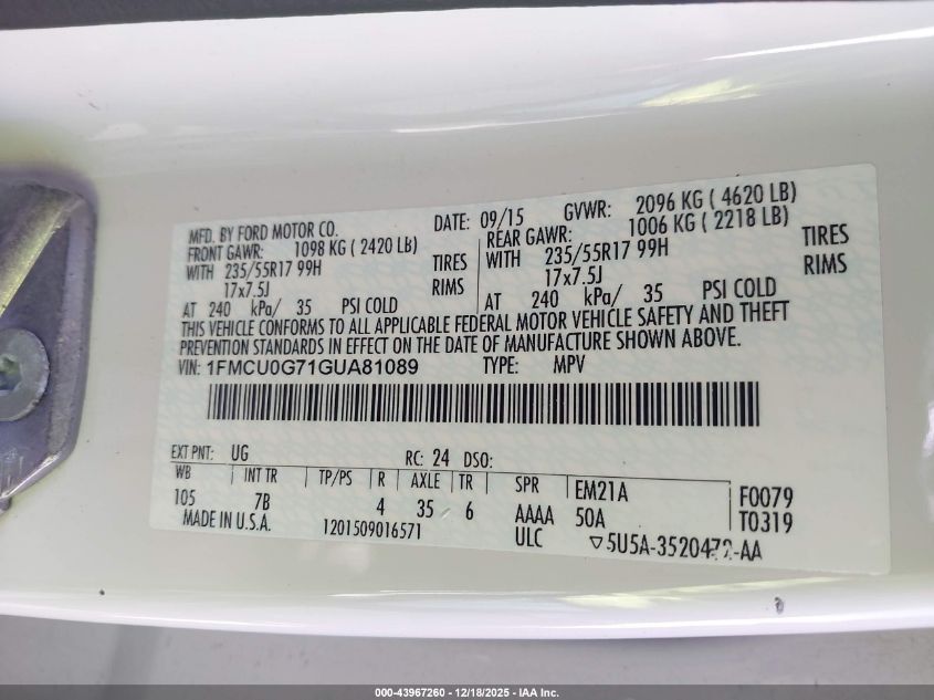 2016 Ford Escape Se VIN: 1FMCU0G71GUA81089 Lot: 43967260