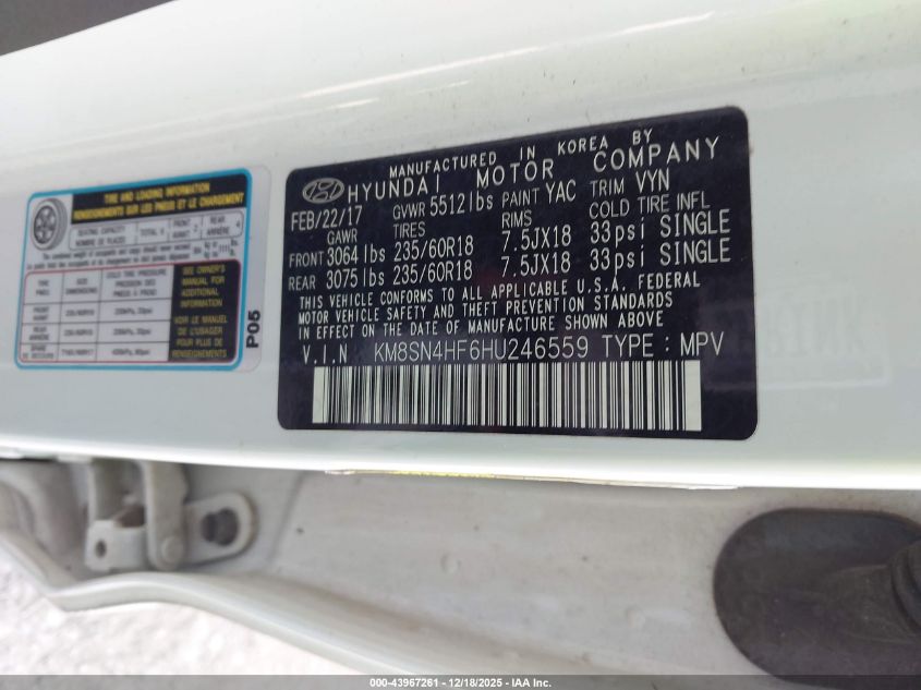 2017 Hyundai Santa Fe Limited VIN: KM8SN4HF6HU246559 Lot: 43967261