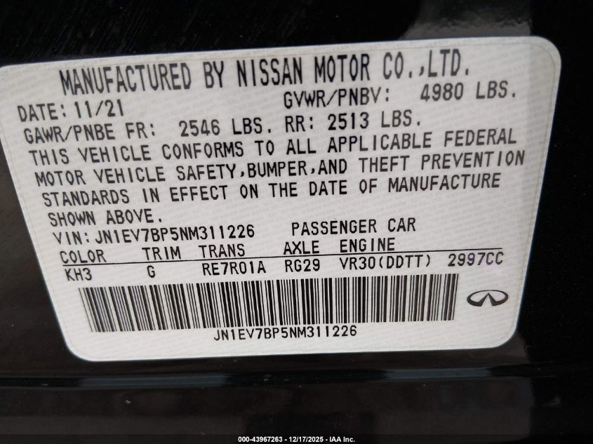 2022 Infiniti Q50 Luxe VIN: JN1EV7BP5NM311226 Lot: 43967263