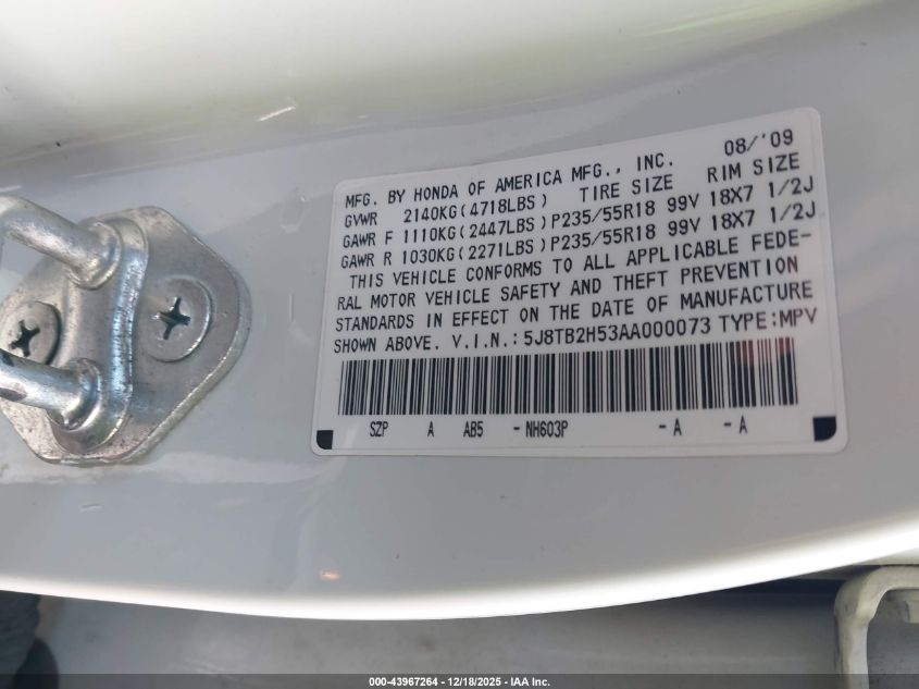 2010 Acura Rdx VIN: 5J8TB2H53AA000073 Lot: 43967264