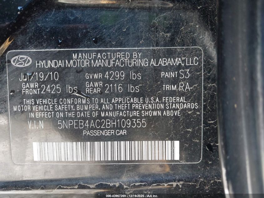 2011 Hyundai Sonata Gls VIN: 5NPEB4AC2BH109355 Lot: 43967269