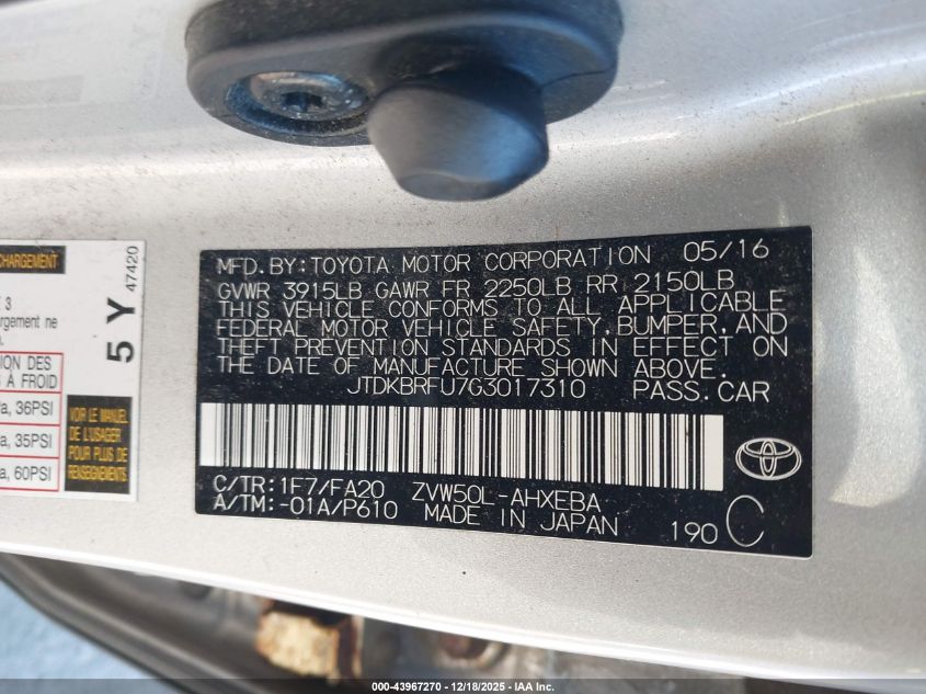 2016 Toyota Prius Two VIN: JTDKBRFU7G3017310 Lot: 43967270