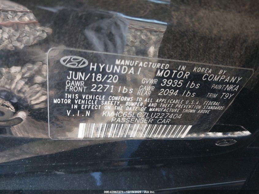 2020 Hyundai Ioniq Hybrid Blue VIN: KMHC65LC7LU227404 Lot: 43967271