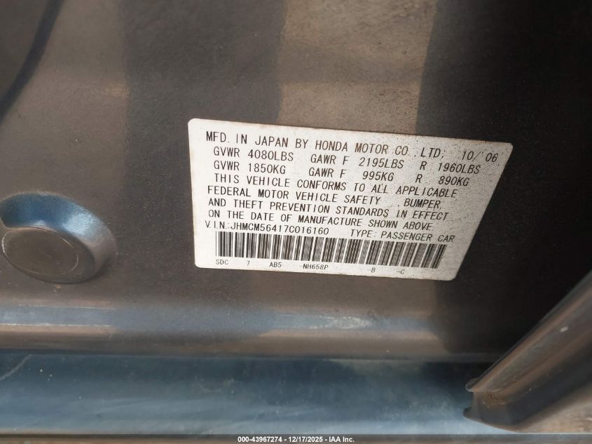 2007 Honda Accord 2.4 Lx VIN: JHMCM56417C016160 Lot: 43967274