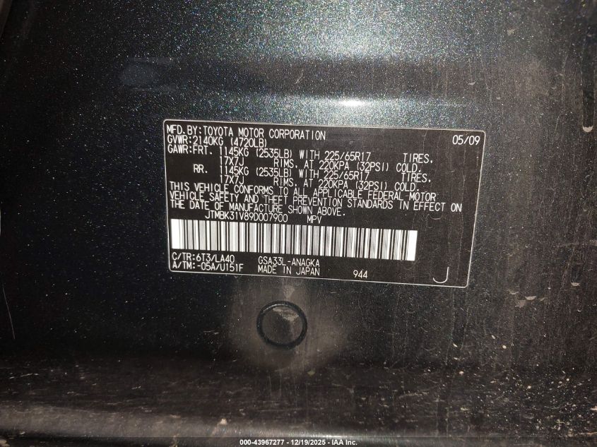 2009 Toyota Rav4 Limited V6 VIN: JTMBK31V89D007900 Lot: 43967277