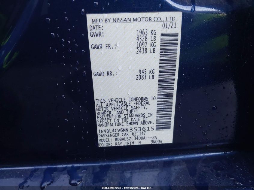 2021 Nissan Altima Sr Fwd VIN: 1N4BL4CV6MN353615 Lot: 43967278