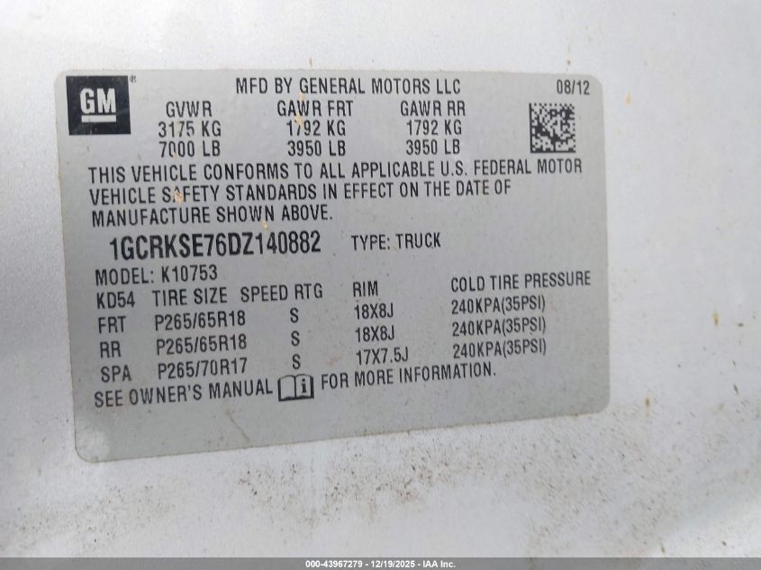 2013 Chevrolet Silverado 1500 Lt VIN: 1GCRKSE76DZ140882 Lot: 43967279