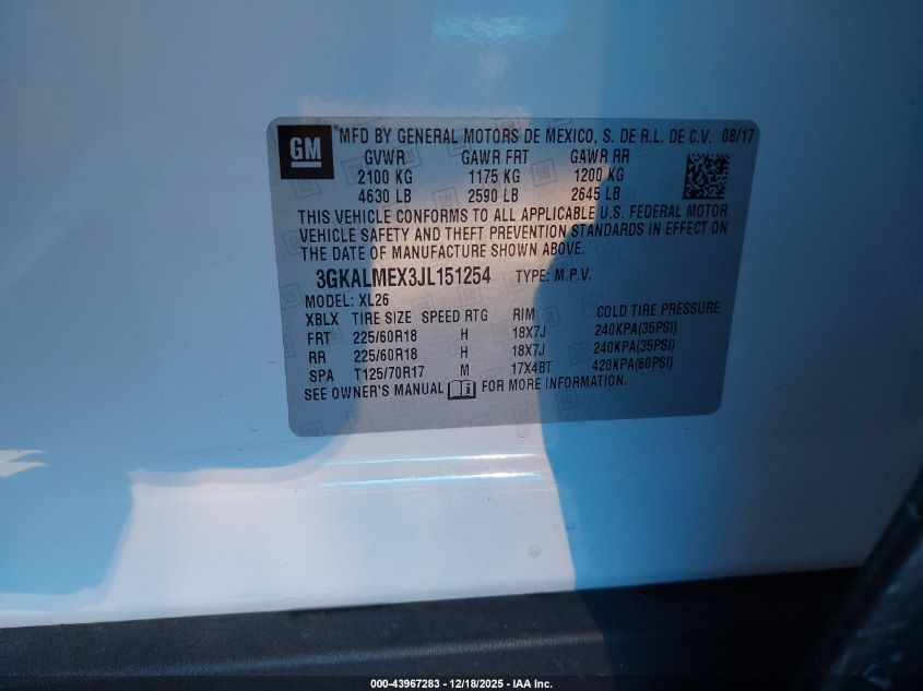 2018 GMC Terrain Sle VIN: 3GKALMEX3JL151254 Lot: 43967283