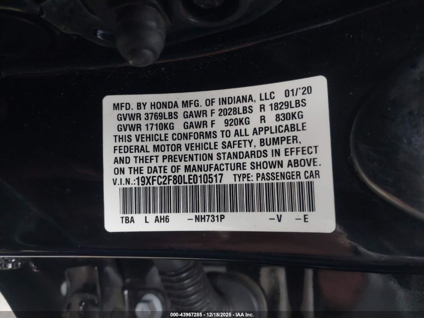2020 Honda Civic Sport VIN: 19XFC2F80LE010517 Lot: 43967285