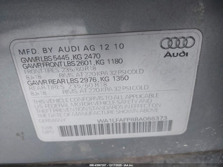 2011 Audi Q5 2.0T Premium VIN: WA1LFAFP8BA066373 Lot: 43967287