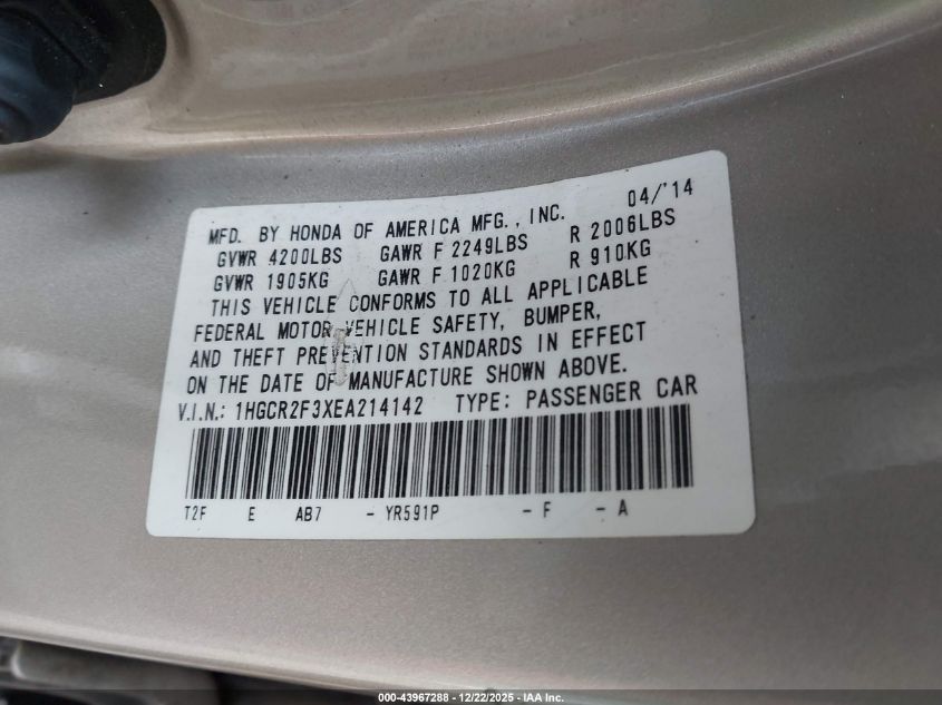 2014 Honda Accord Lx VIN: 1HGCR2F3XEA214142 Lot: 43967288