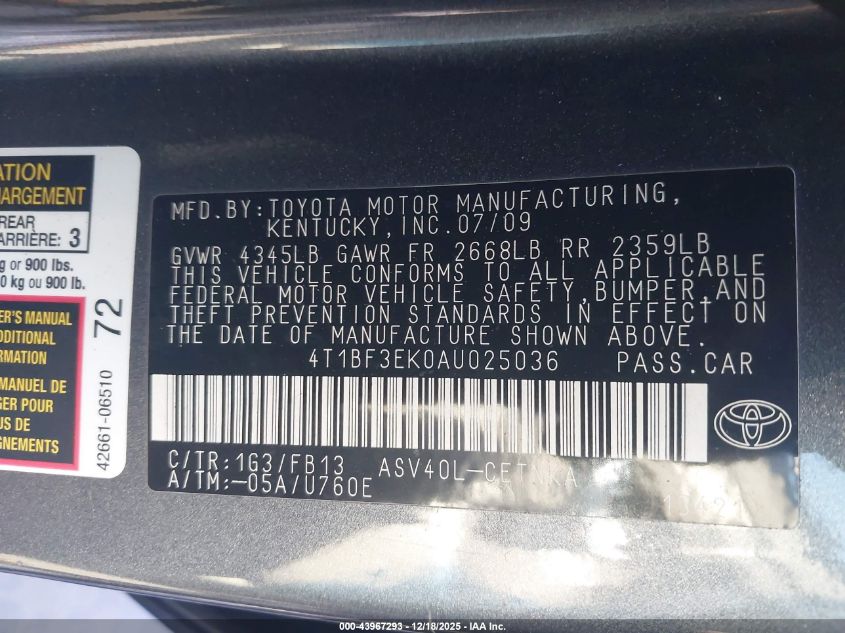 2010 Toyota Camry Le VIN: 4T1BF3EK0AU025036 Lot: 43967293