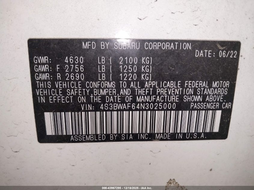 2022 Subaru Legacy Premium VIN: 4S3BWAF64N3025000 Lot: 43967295