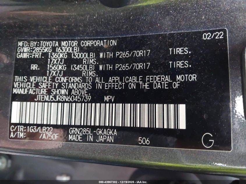 2022 Toyota 4Runner Sr5 Premium VIN: JTENU5JR8N6045739 Lot: 43967302