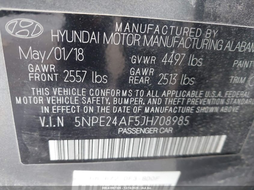 2018 Hyundai Sonata Se VIN: 5NPE24AF5JH708985 Lot: 43967305
