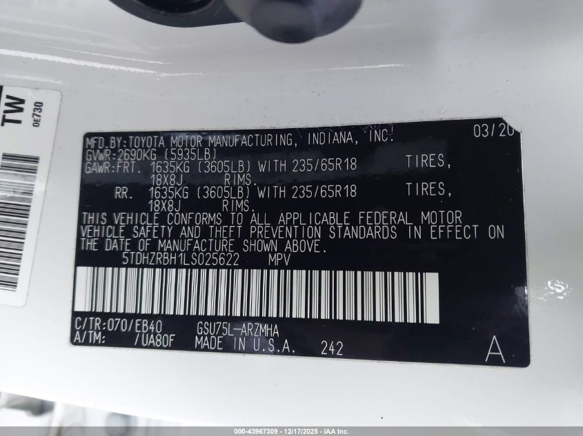 2020 Toyota Highlander Xle VIN: 5TDHZRBH1LS025622 Lot: 43967309