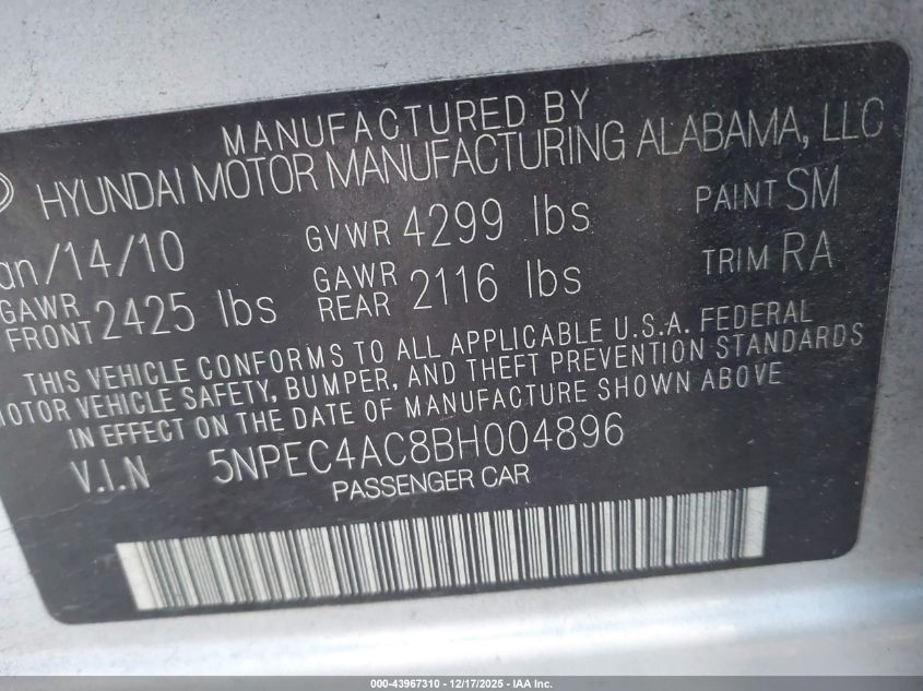 2011 Hyundai Sonata Limited VIN: 5NPEC4AC8BH004896 Lot: 43967310