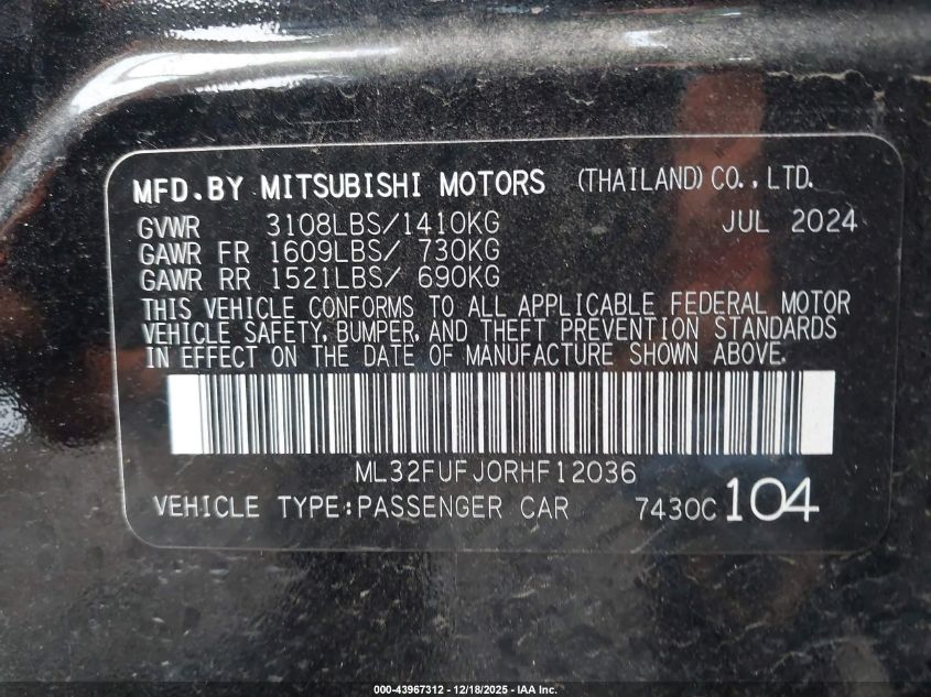 2024 Mitsubishi Mirage G4 Black Edition/Es/Le VIN: ML32FUFJ0RHF12036 Lot: 43967312