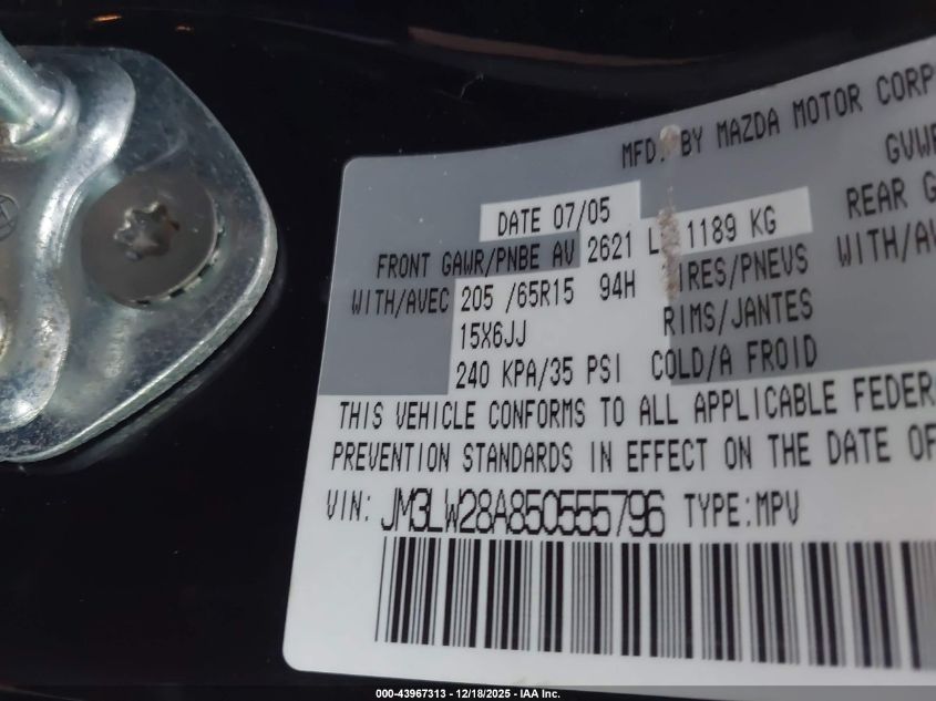 2005 Mazda Mpv Lx-Sv VIN: JM3LW28A850555796 Lot: 43967313