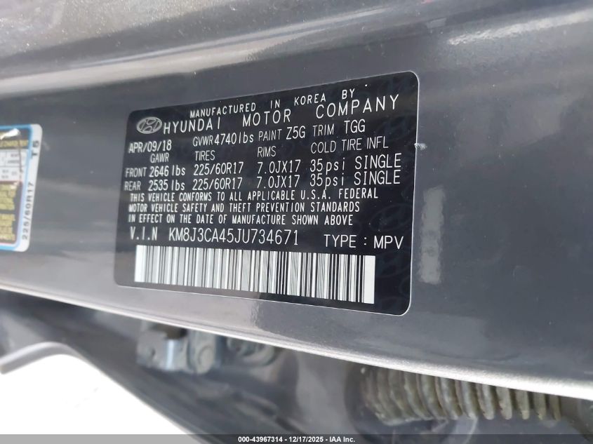 2018 Hyundai Tucson Sel VIN: KM8J3CA45JU734671 Lot: 43967314