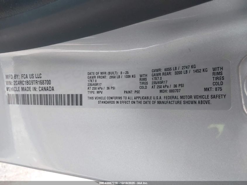 2026 Chrysler Pacifica Select VIN: 2C4RC1BG9TR168700 Lot: 43967316