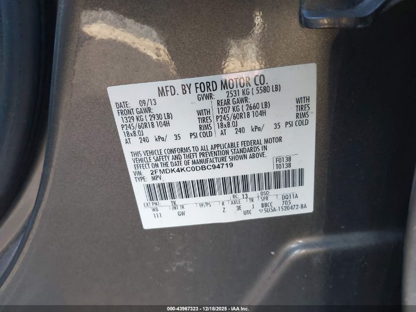 2013 Ford Edge Limited VIN: 2FMDK4KC0DBC94719 Lot: 43967323