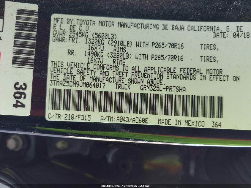 2018 Toyota Tacoma Trd Off Road VIN: 3TMAZ5CN9JM064017 Lot: 43967324