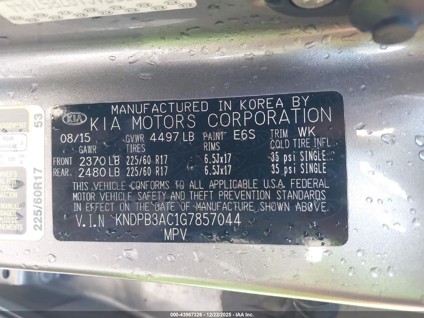 2016 Kia Sportage Lx VIN: KNDPB3AC1G7857044 Lot: 43967326